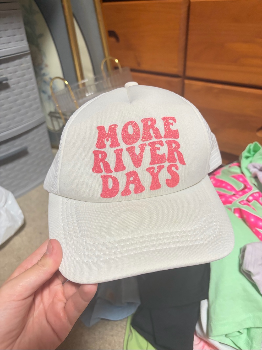 White Trucker Hat with Pink "MORE RIVER DAYS" Print
